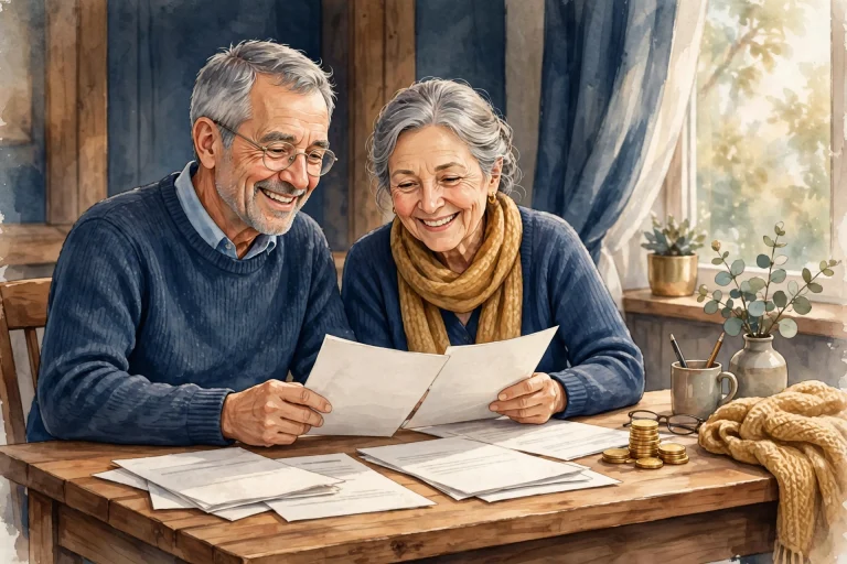 Retired couple reviewing retirement paperwork with gold coins