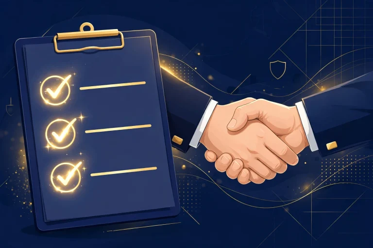 Checklist with gold checkmarks and a handshake