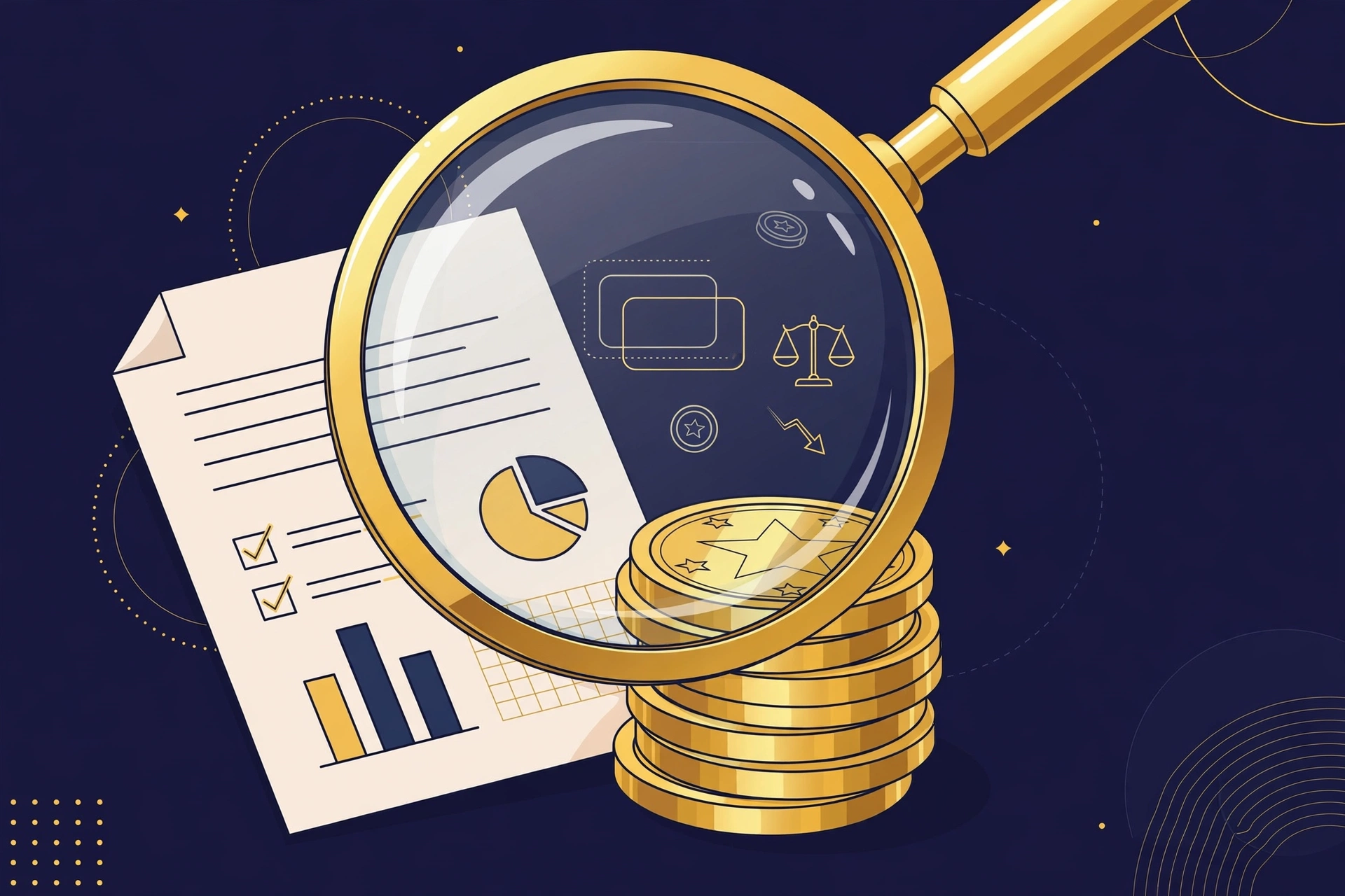 Magnifying glass over gold coins and a fee document