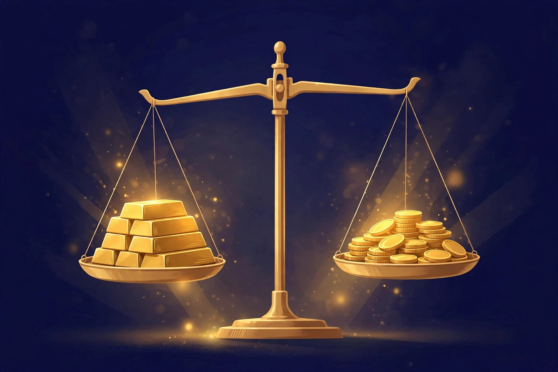 Balance scale weighing gold bars against gold coins