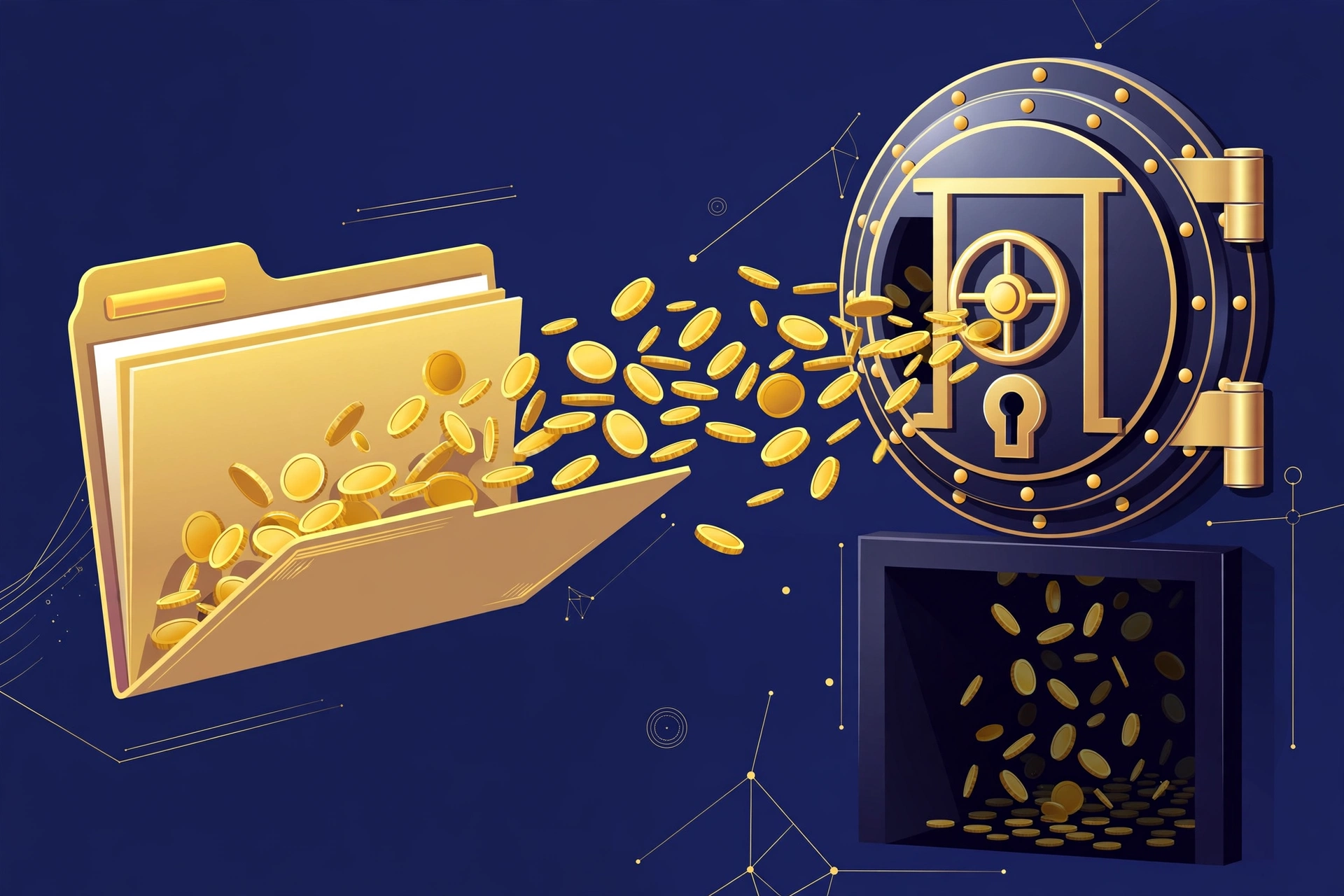 Gold coins flowing from a retirement folder into a bank vault