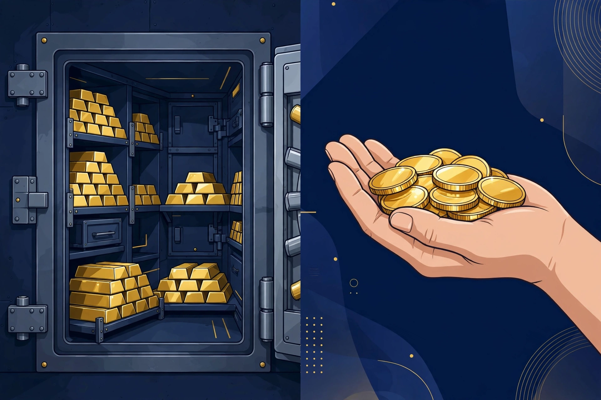 Gold bars in a bank vault beside a hand holding gold coins